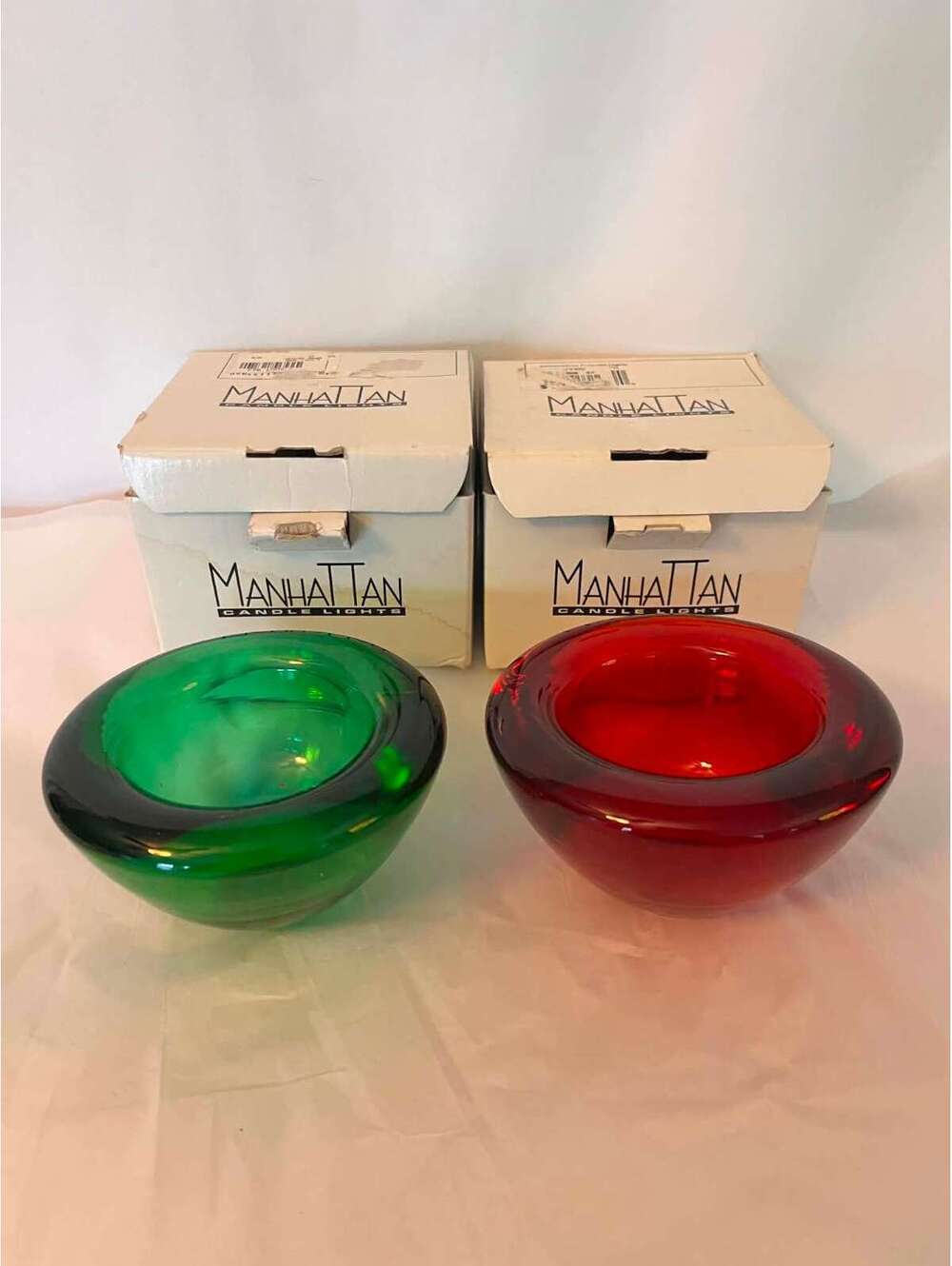 Vintage Candle Lights Glass Votive Holders Set of 2 Red and Green with Candles